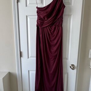 David's Bridal One-Shoulder Burgundy Gown